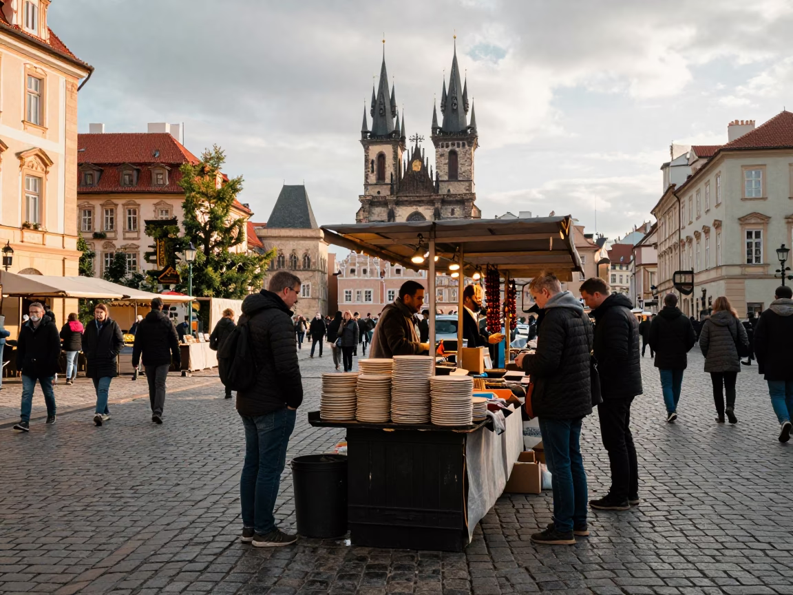 Late Morning Street Scene in Prague with Stacked Plates and Local Commerce in in Prague, Czech Republic