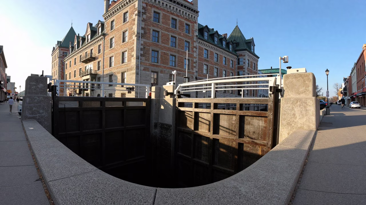 Late Morning Street Scene in Quebec City Featuring Levee Floodgate and Plywood Stacks in in Quebec City, Quebec, Canada