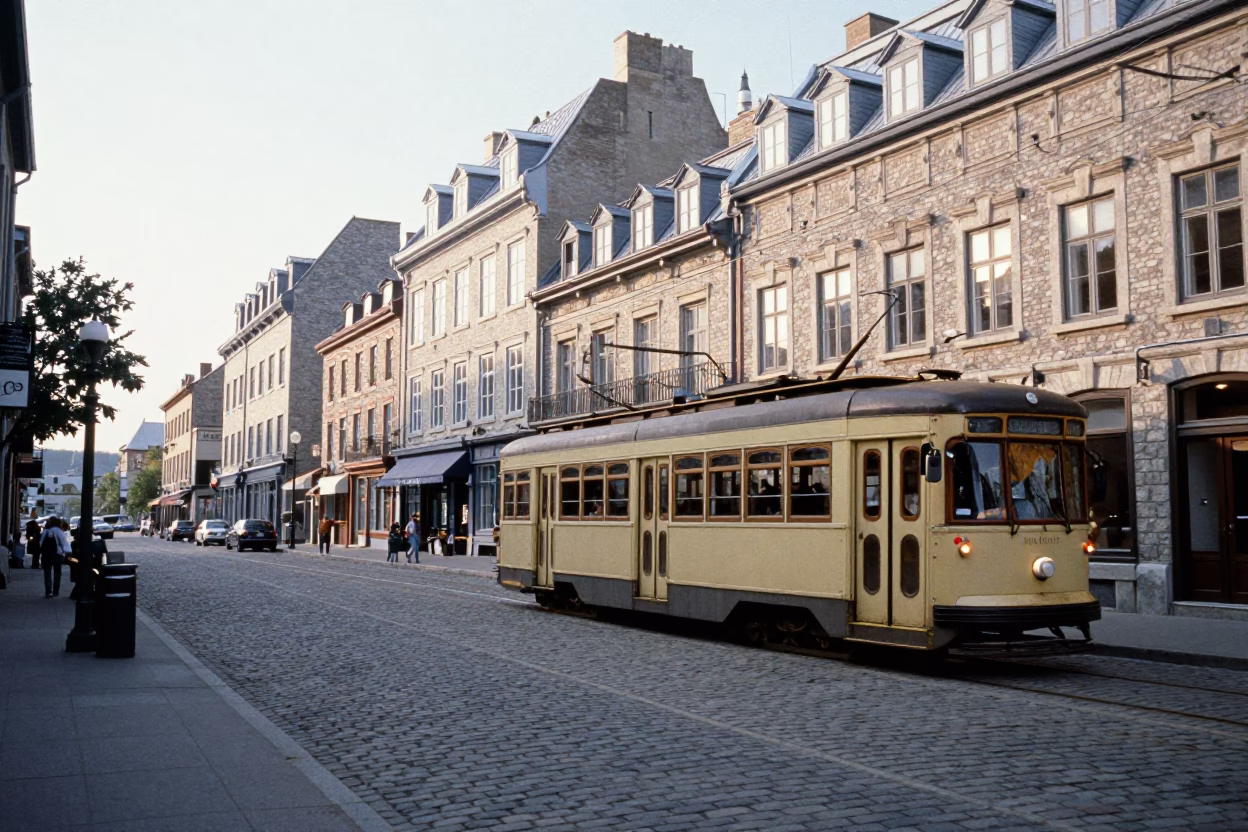 Late Morning Street Scene in Quebec City Historic District with Tram and Cobblestones in in Quebec City, Quebec, Canada