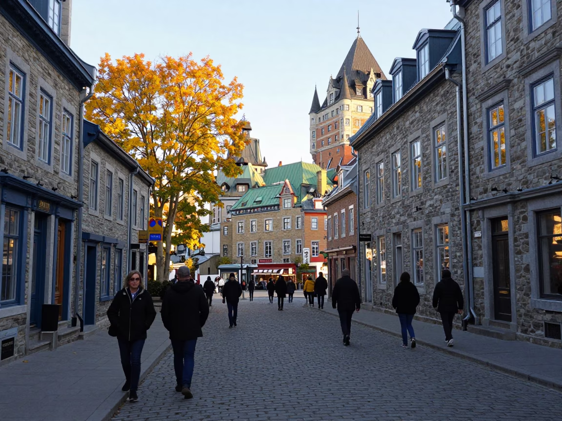 Late Morning Street Scene in Quebec City with Autumn Aspens and Local Life in in Quebec City, Quebec, Canada