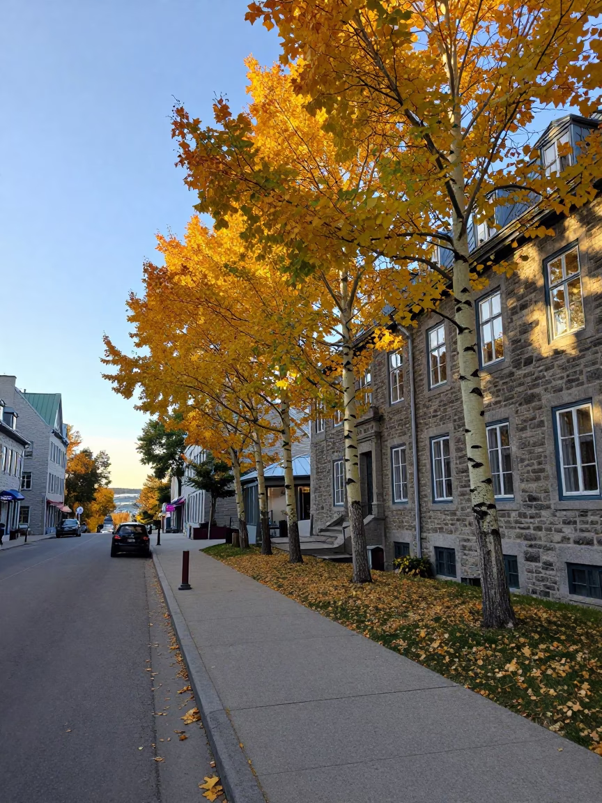 Late Morning Street Scene in Quebec City with Autumn Aspens and Local Market Grapes in in Quebec City, Quebec, Canada