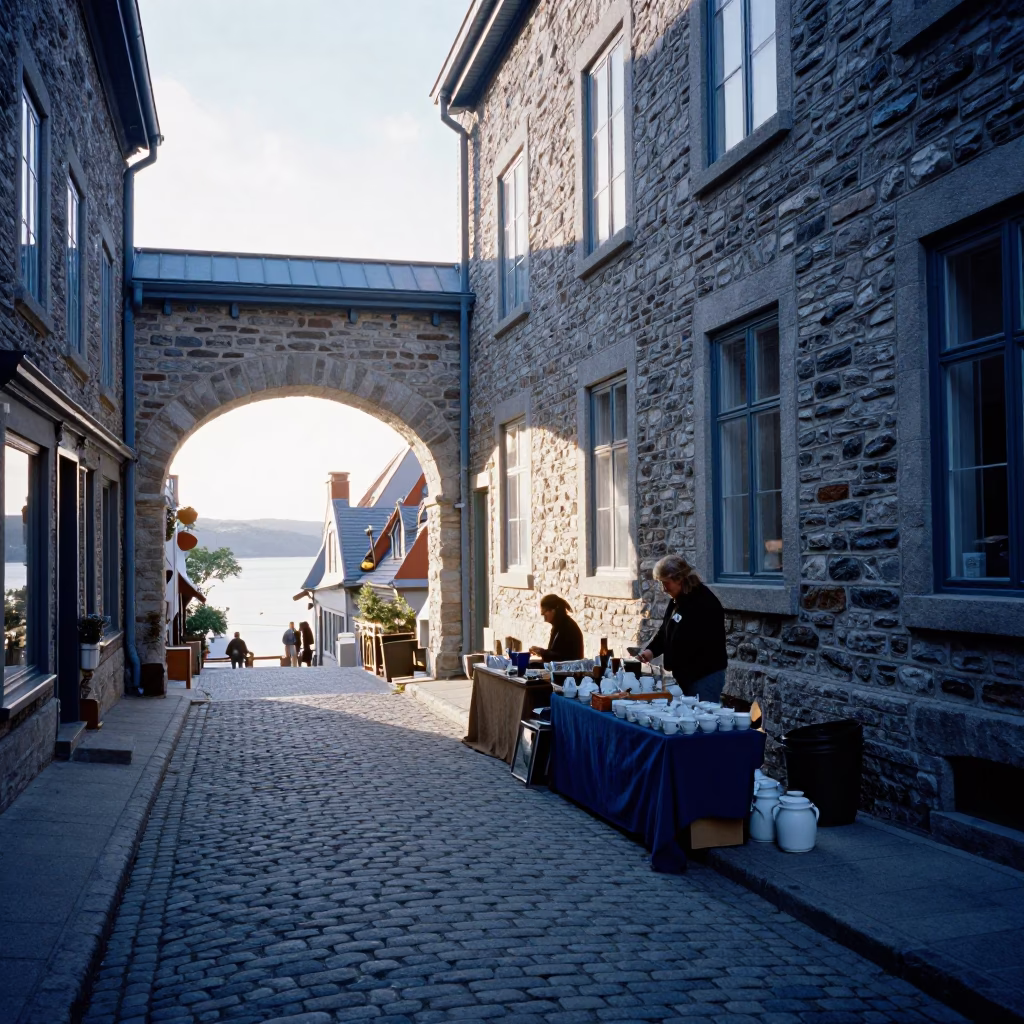 Late Morning Street Scene in Quebec City with Blue and White Porcelain in in Quebec City, Quebec, Canada