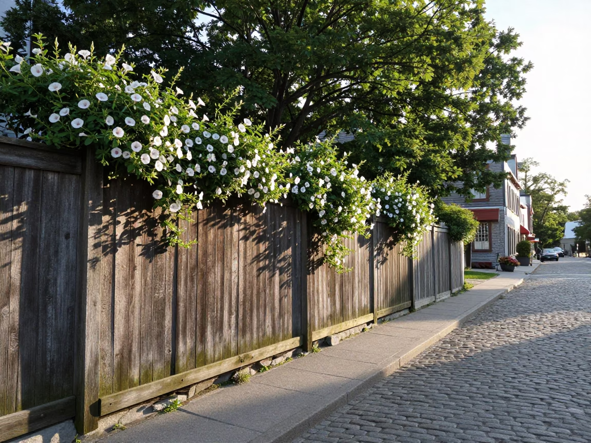 Late Morning Street Scene in Quebec City with Morning Glory Fence and Local Life in in Quebec City, Quebec, Canada