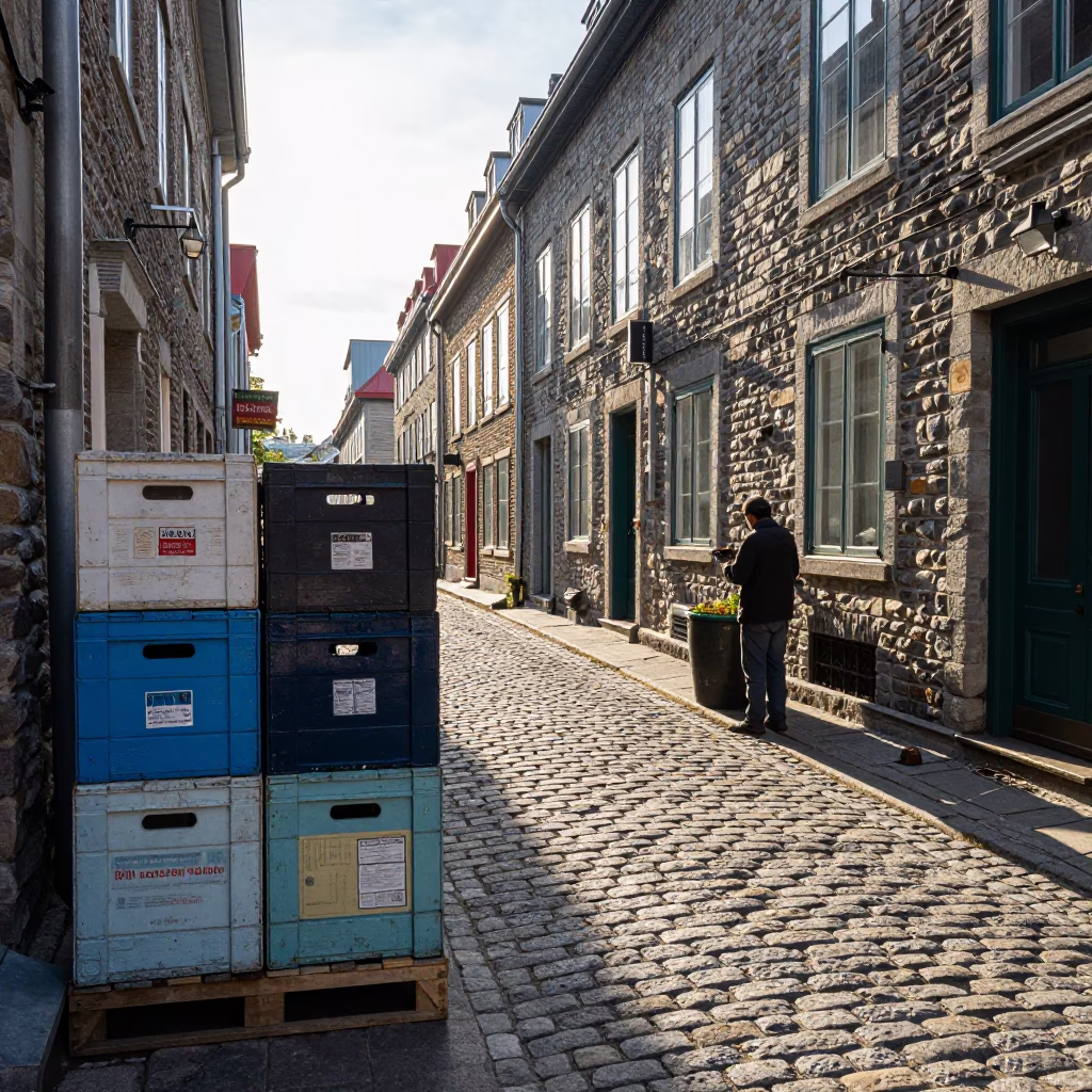 Late Morning Street Scene in Quebec City with Painted Crate and Snowmelt Details in in Quebec City, Quebec, Canada