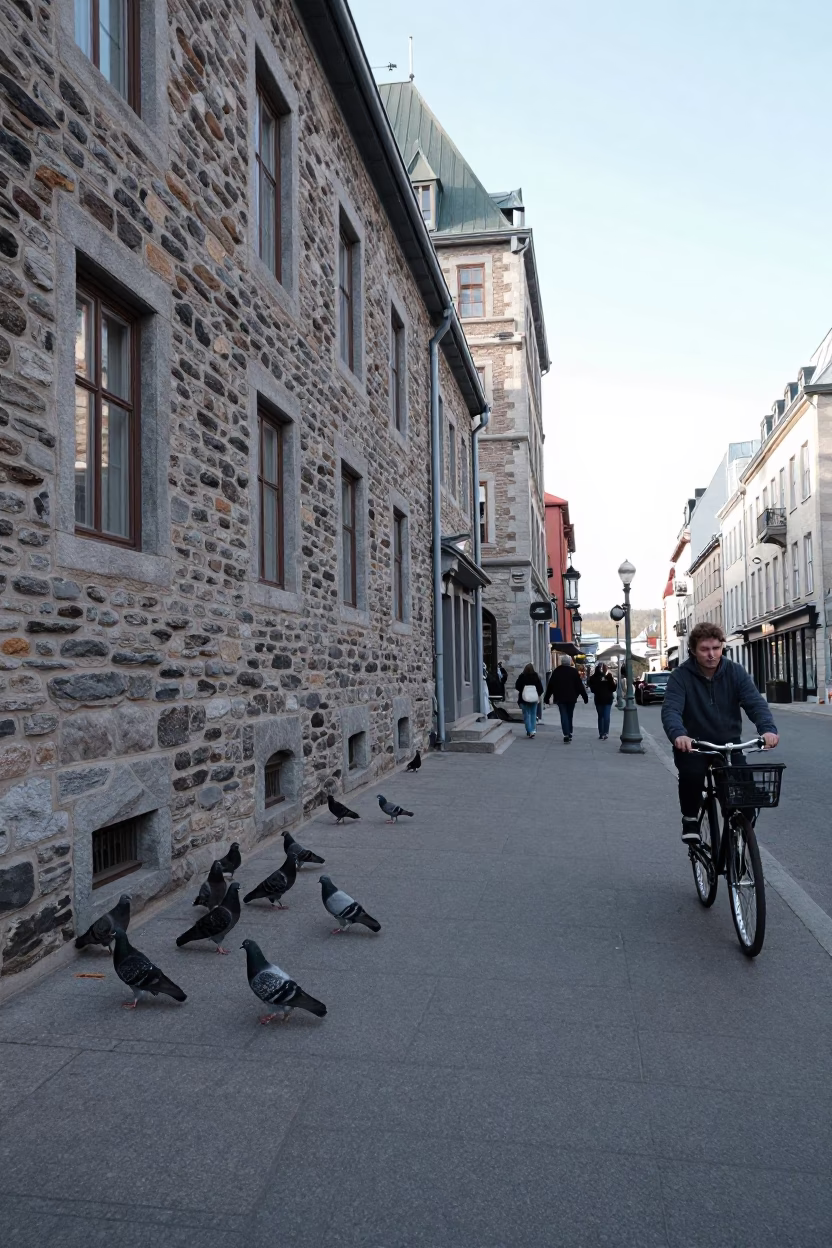 Late Morning Street Scene in Quebec City with Pigeons and Bicycle Basket in in Quebec City, Quebec, Canada