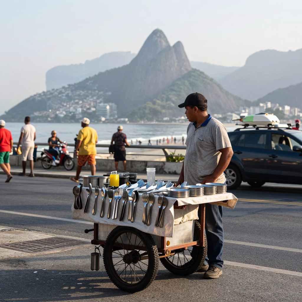 Late Morning Street Scene in Rio de Janeiro Brazil with Local Vendor and Cutlery in in Rio de Janeiro, Brazil