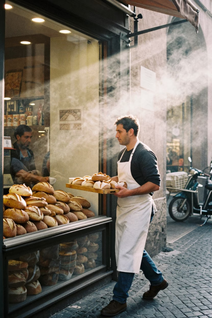 Late Morning Street Scene in Rome Italy Baker and Condensation on Glass in in Rome, Italy