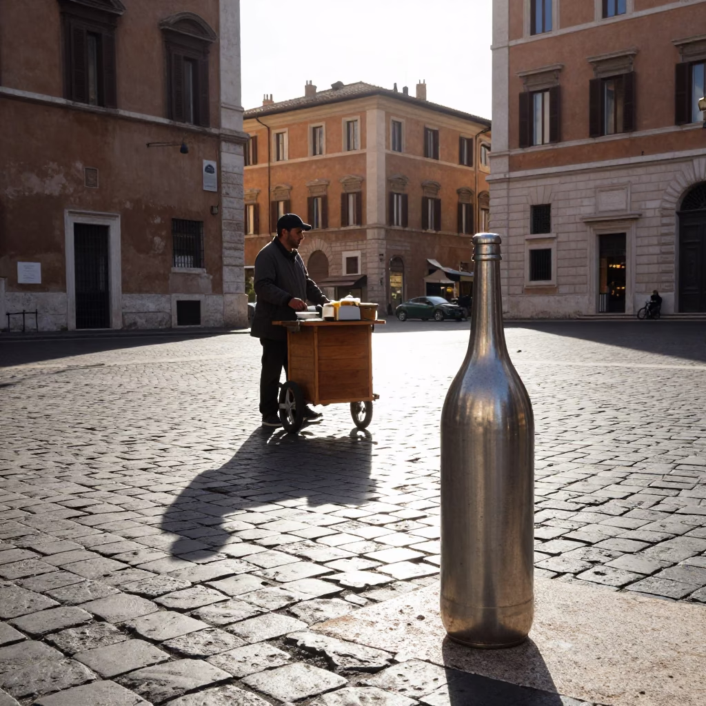 Late Morning Street Scene in Rome Italy with Brushed Steel Bottle and Mesh Colander in in Rome, Italy