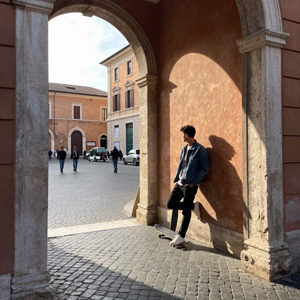 Late Morning Street Scene in Rome Italy with Doorframe and Skateboard in in Rome, Italy