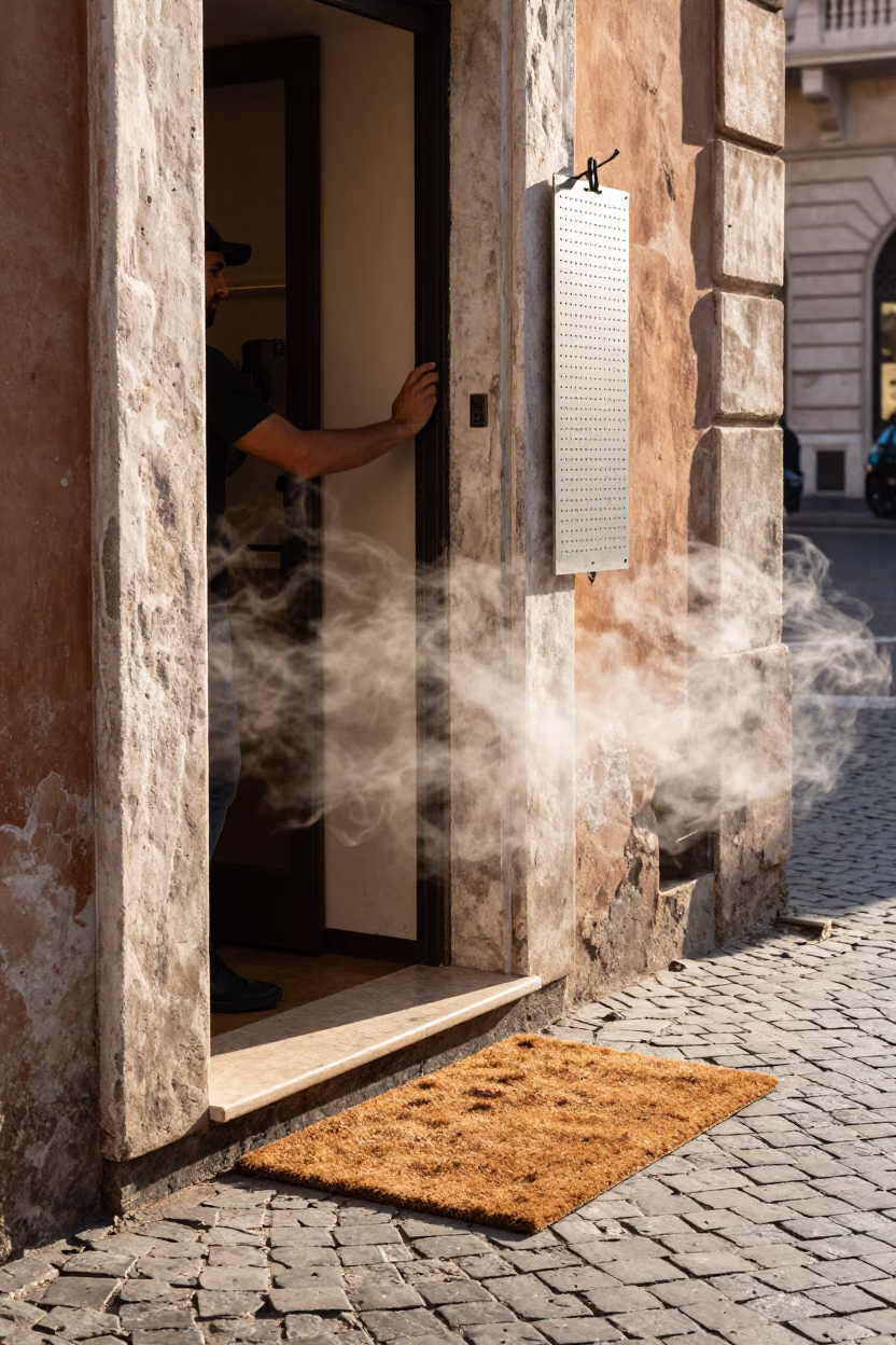 Late Morning Street Scene in Rome Italy with Doormat and Steam Drain in in Rome, Italy