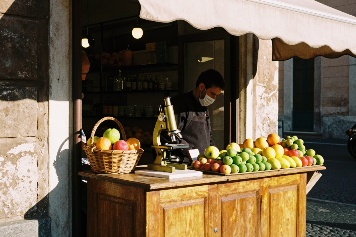 Late Morning Street Scene in Rome Italy with Fruit and Antique Microscope in in Rome, Italy