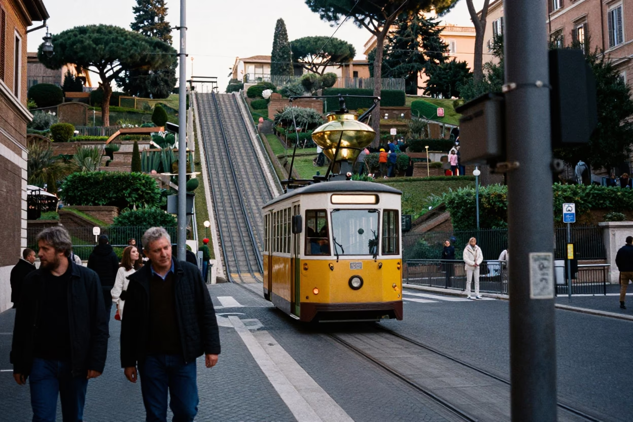 Late Morning Street Scene in Rome Italy with Funicular and Brass Details in in Rome, Italy