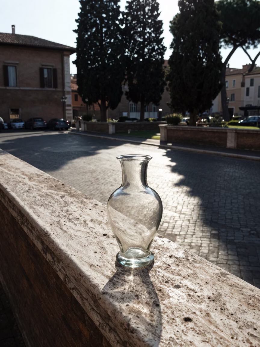 Late Morning Street Scene in Rome Italy with Glass Vase and Mangoes in in Rome, Italy