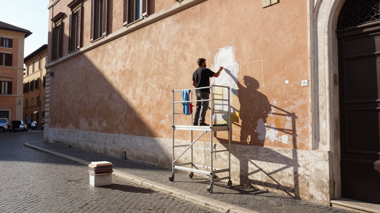 Late Morning Street Scene in Rome Italy with Muralist Painting Sample Swatches on Scaffold in in Rome, Italy