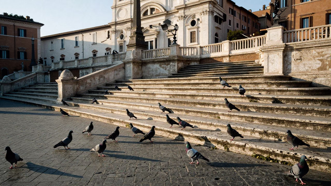Late Morning Street Scene in Rome Italy with Pigeons on Historic Pavement in in Rome, Italy