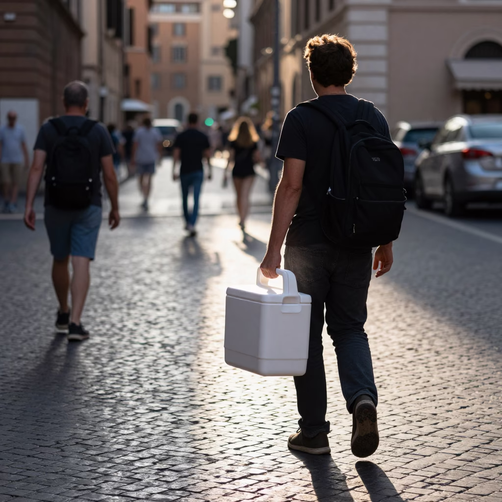 Late Morning Street Scene in Rome Italy with Traveler and Cooler Jug in in Rome, Italy