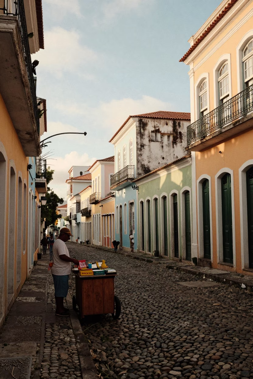 Late Morning Street Scene in Salvador Brazil with Colorful Architecture and Local Life in in Salvador, Brazil