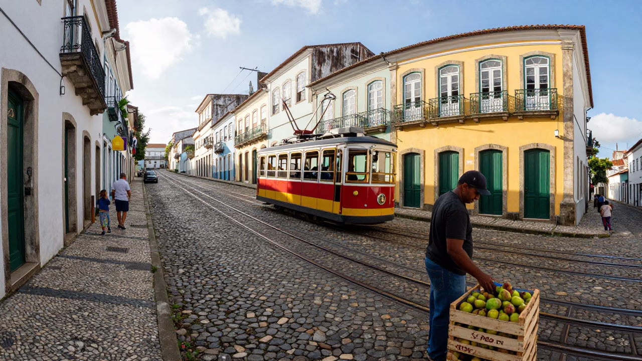 Late Morning Street Scene in Salvador Brazil with Funicular and Local Market Goods in in Salvador, Brazil