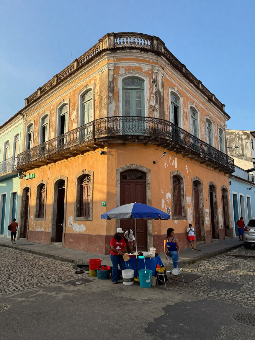 Late Morning Street Scene in Salvador Brazil with Local Vendor and Colorful Architecture in in Salvador, Brazil