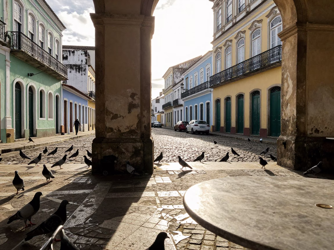 Late Morning Street Scene in Salvador Brazil with Pigeons and Vintage Details in in Salvador, Brazil