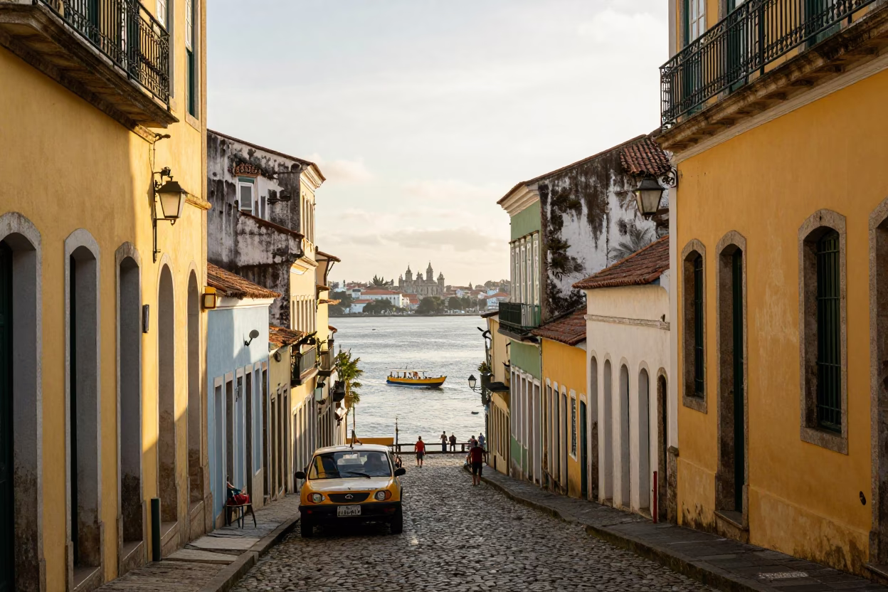 Late Morning Street Scene in Salvador Brazil with Water Taxi and Colonial Architecture in in Salvador, Brazil