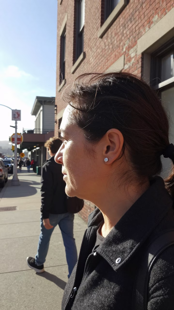 Late Morning Street Scene in San Francisco California with Diamond Stud Earring Detail in in San Francisco, California, United States