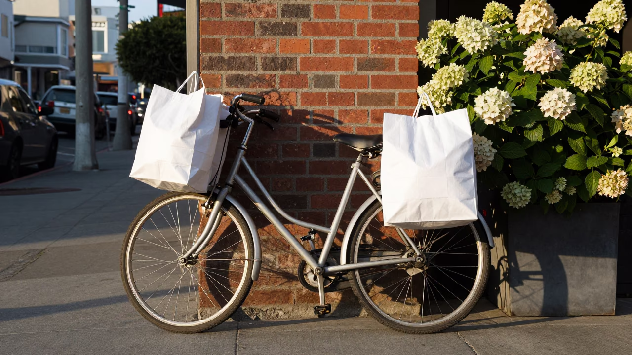 Late Morning Street Scene in San Francisco with Bicycle and Hydrangea Bush in in San Francisco, California, United States