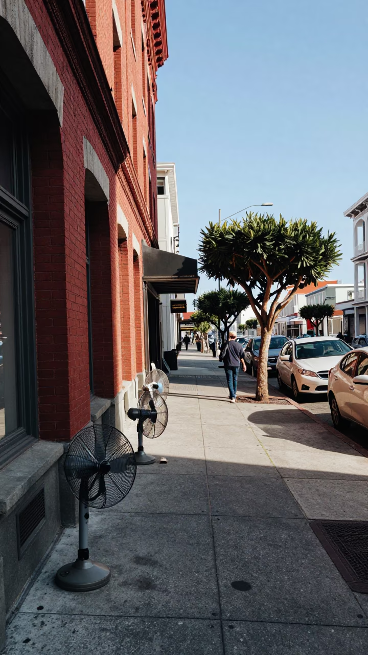 Late Morning Street Scene in San Francisco with Table Fans and Charcuterie Board in in San Francisco, California, United States