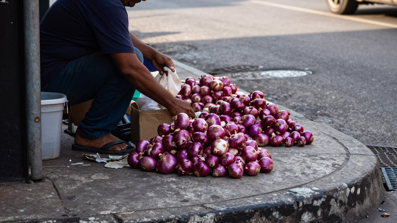 Late Morning Street Scene in São Paulo Brazil with Onions and Daily Life in in São Paulo, Brazil