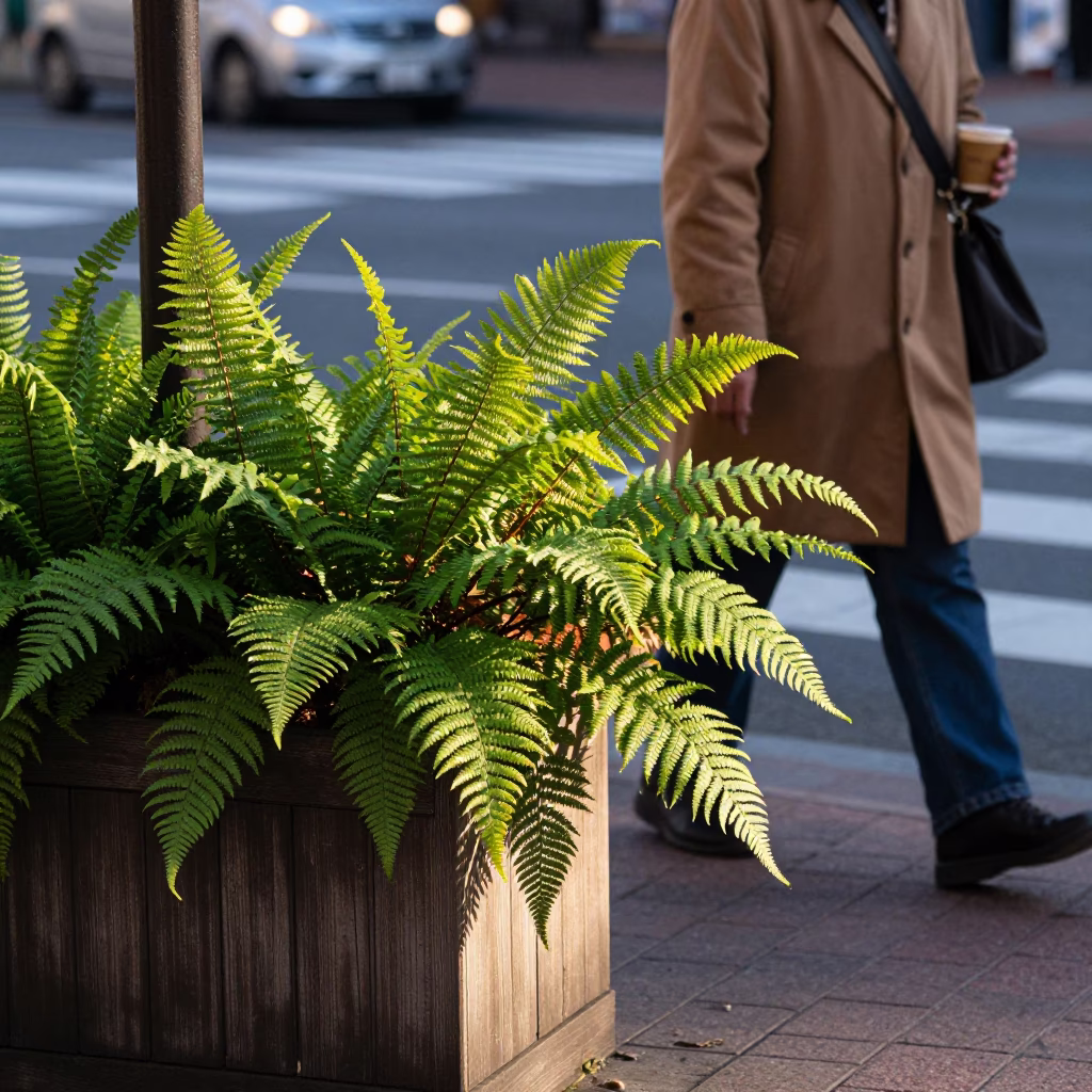 Late Morning Street Scene in Sapporo Japan with Ferns and Coffee Mugs in in Sapporo, Japan