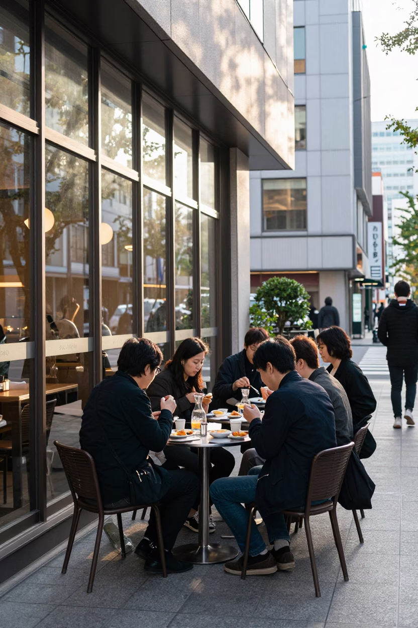Late Morning Street Scene in Sapporo Japan with Glass Carafe and Bread Basket in in Sapporo, Japan