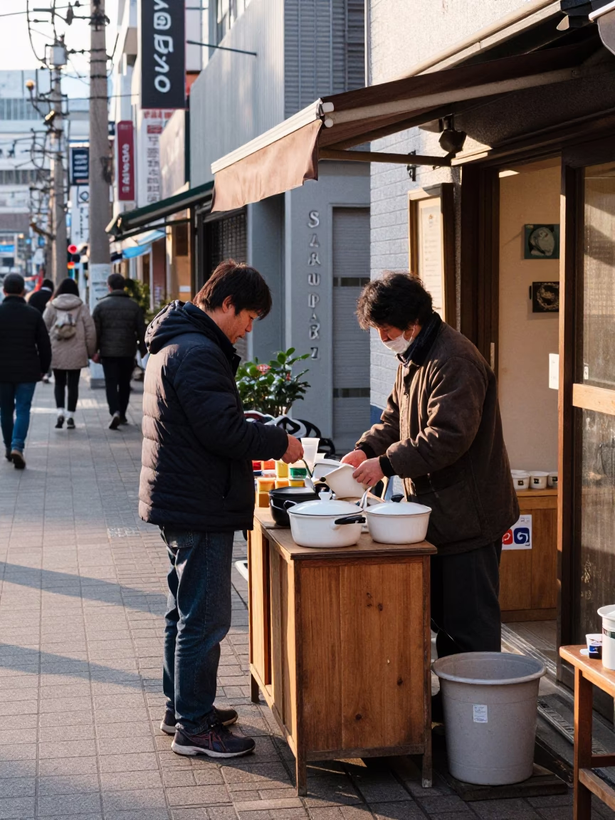 Late Morning Street Scene in Sapporo Japan with Local Shopkeeper and Everyday Items in in Sapporo, Japan