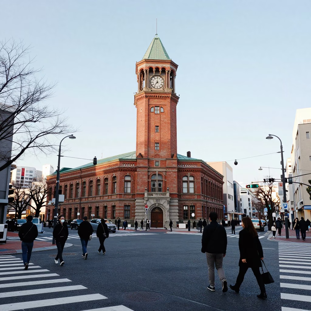 Late morning street scene in Sapporo Japan with pedestrians and traditional architecture in in Sapporo, Japan