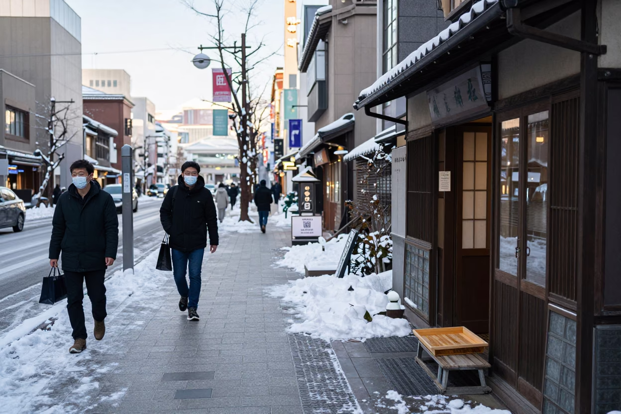 Late Morning Street Scene in Sapporo Japan with Snow and Traditional Wagashi Sweets Display in in Sapporo, Japan
