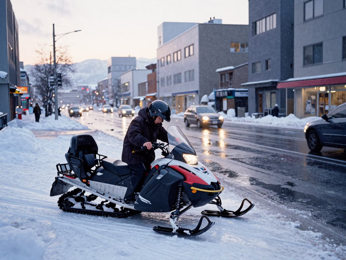 Late Morning Street Scene in Sapporo Japan with Snowmobile and Rain Boots in in Sapporo, Japan