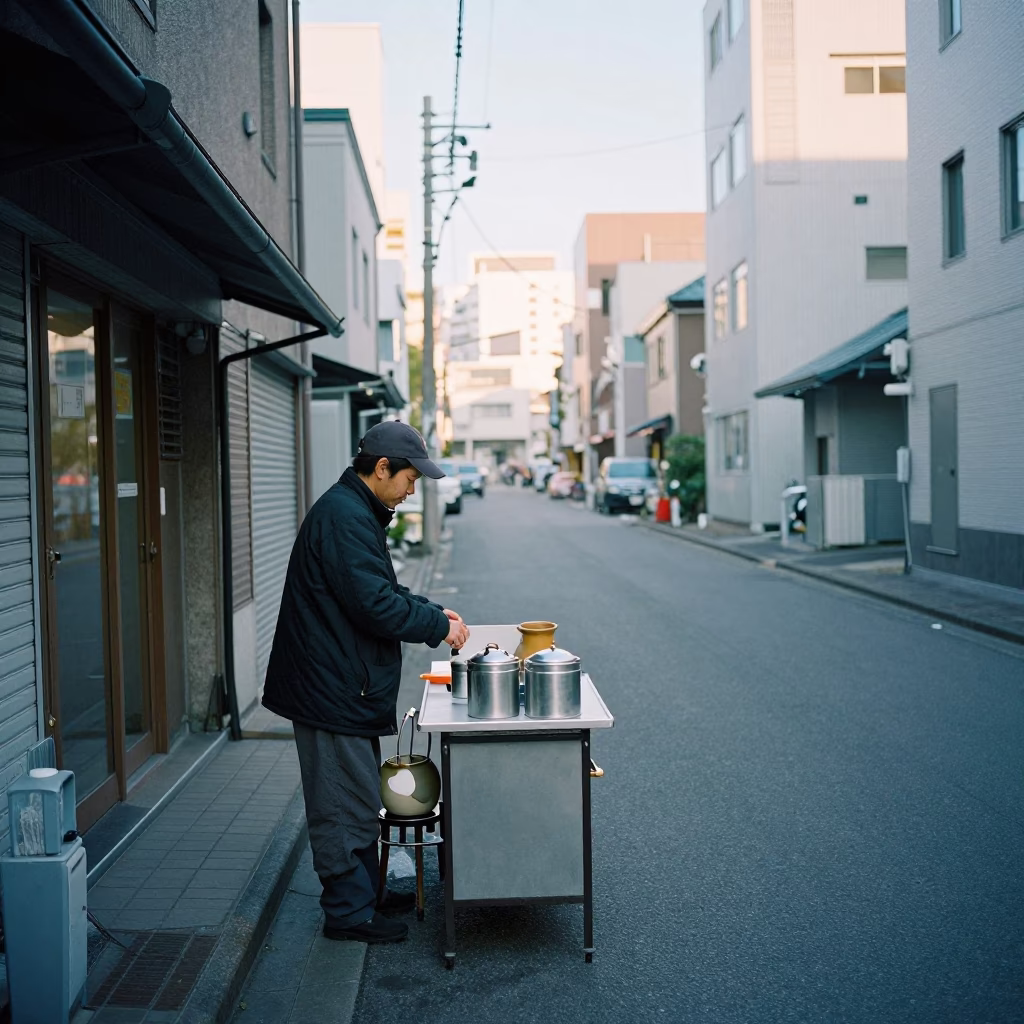 Late Morning Street Scene in Sapporo Japan with Tea Tin and Ceramic Bowl in in Sapporo, Japan