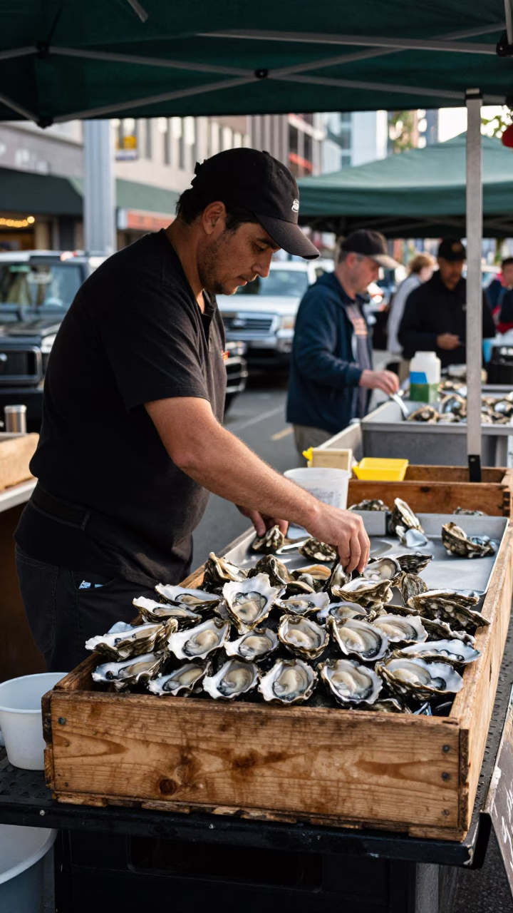 Late Morning Street Scene in Seattle Washington with Fresh Oysters on Ice in in Seattle, Washington, United States