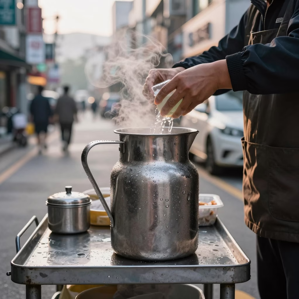 Late Morning Street Scene in Seoul South Korea with Condensation on Metal Handle in in Seoul, South Korea