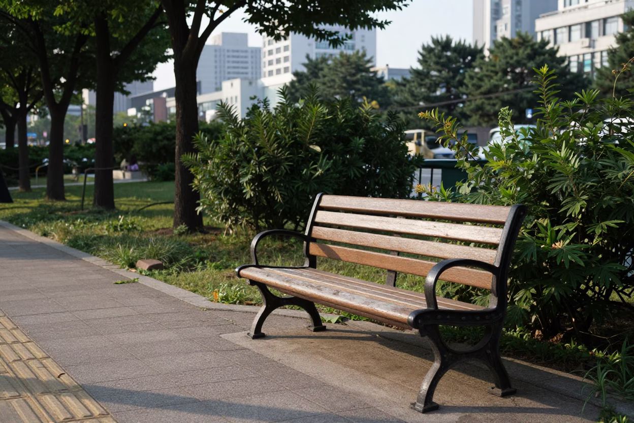 Late Morning Street Scene in Seoul with Park Bench and Urban Details in in Seoul, South Korea