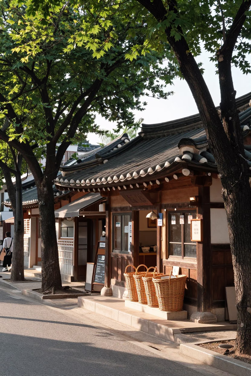 Late Morning Street Scene in Seoul with Traditional Korean Bakery Bread Basket Display in in Seoul, South Korea