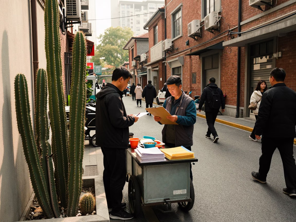 Late Morning Street Scene in Shanghai China with Clipboard and Cacti in in Shanghai, China
