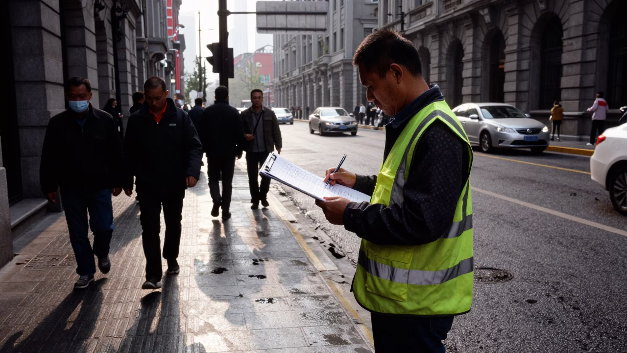 Late Morning Street Scene in Shanghai China with Clipboard and Damp Urban Details in in Shanghai, China