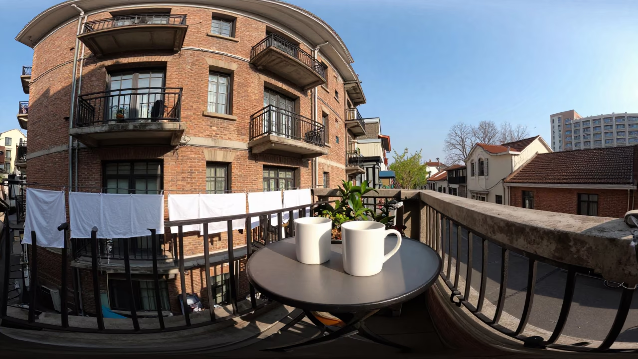 Late Morning Street Scene in Shanghai China with Coffee Mugs on Balcony in in Shanghai, China