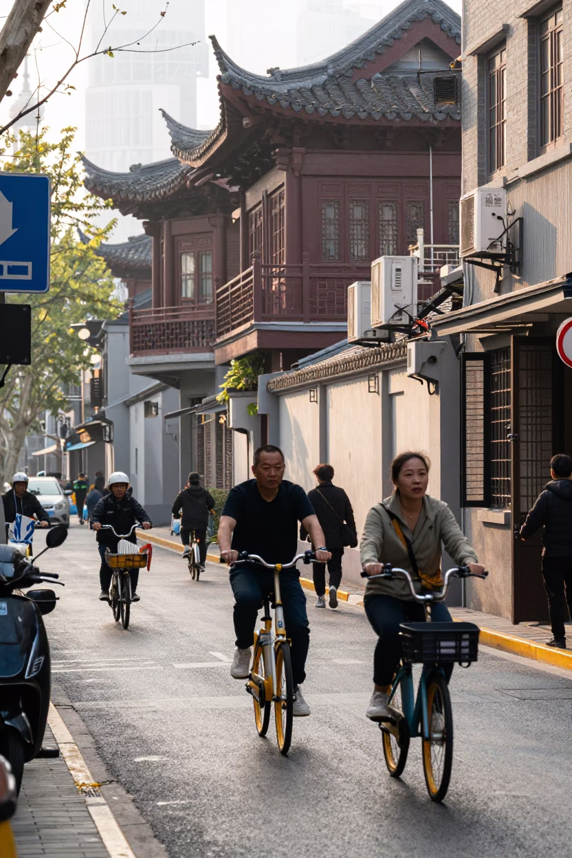 Late Morning Street Scene in Shanghai China with Cyclist and Traditional Elements in in Shanghai, China