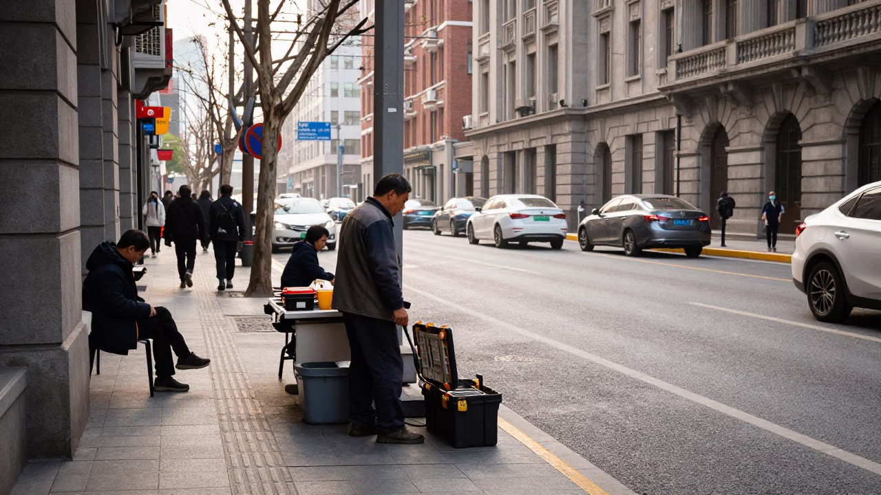 Late Morning Street Scene in Shanghai China with Toolbox and Urban Activity in in Shanghai, China