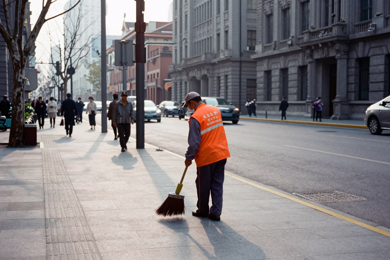 Late Morning Street Scene in Shanghai China with Traditional Broom and Modern Life in in Shanghai, China