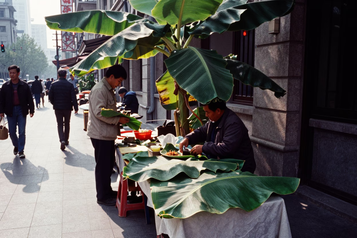 Late Morning Street Scene in Shanghai with Banana Leaf Wares and Wooden Posts in in Shanghai, China