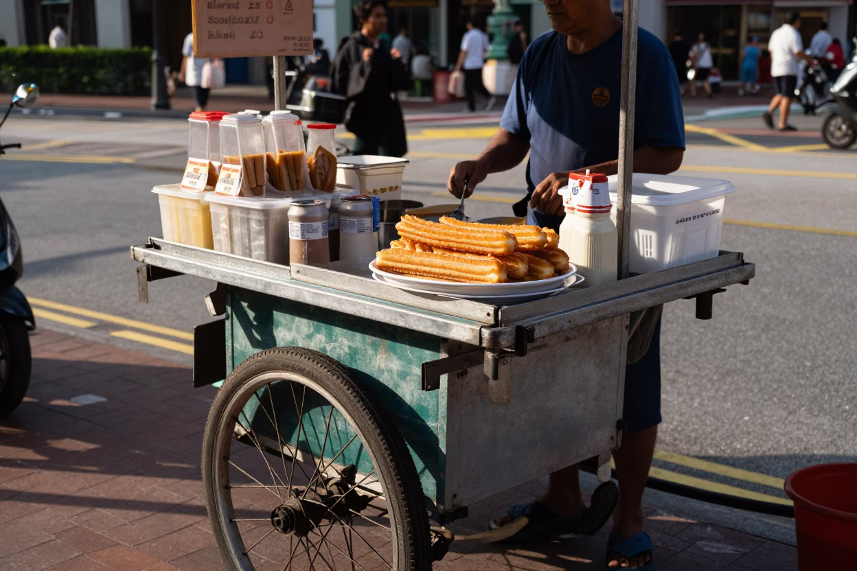 Late Morning Street Scene in Singapore Featuring Caster Wheel and Local Commerce in in Singapore, Singapore