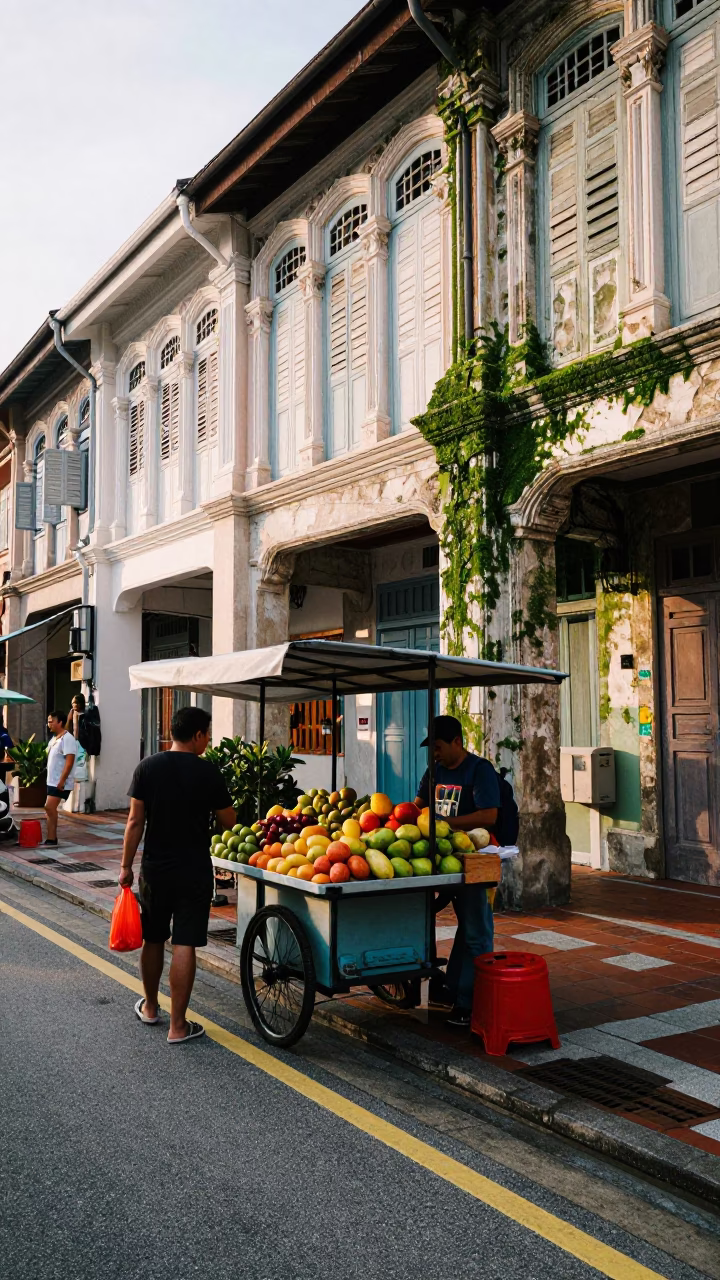 Late Morning Street Scene in Singapore with Fruit Stall and Mossy Wall in in Singapore, Singapore