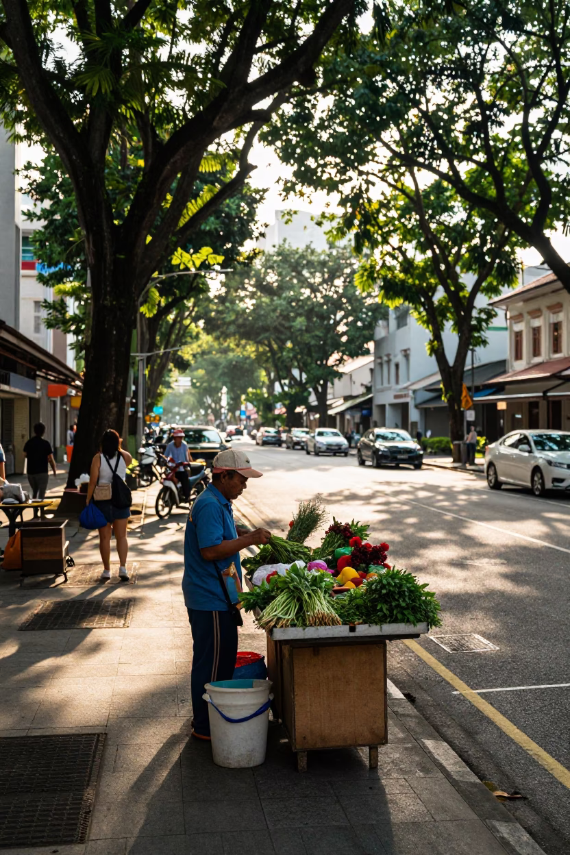 Late Morning Street Scene in Singapore with Herb Vendor and Rusty Hinges in in Singapore, Singapore